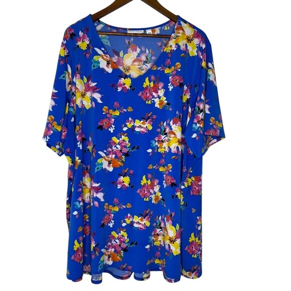 Susan Graver 4X Floral Blouse Blue Pink Lightweight Stretch Tunic Top - Picture 1 of 6